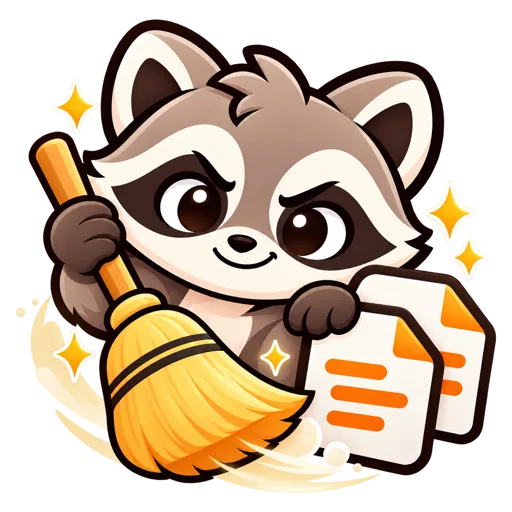 Broom app icon: a raccoon with a broom and two files